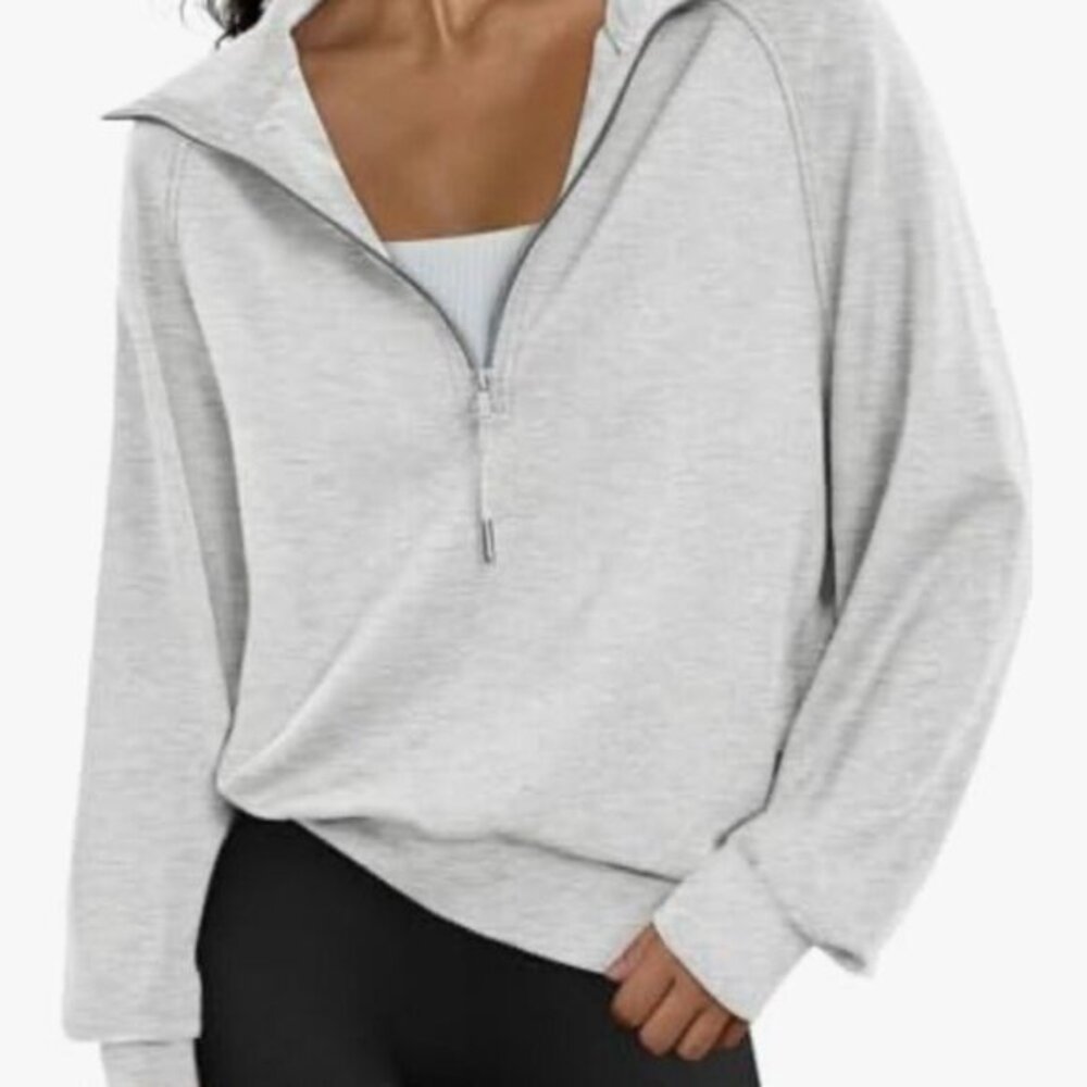 Light Gray Half-Zip Hoodie Sweatshirt - Women's